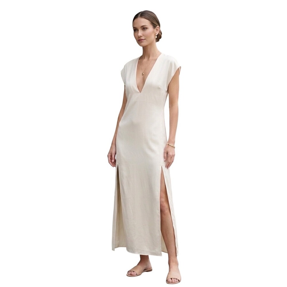 LBLC The Label Cream Satin Deep V-Neck Maxi Dress with Side Slits Small NWT